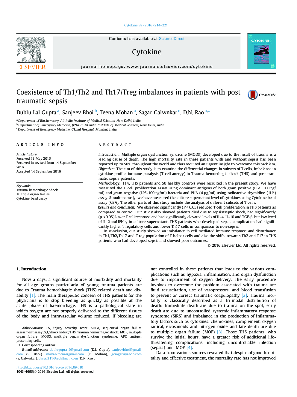 Coexistence of Th1/Th2 and Th17/Treg imbalances in patients with post traumatic sepsis