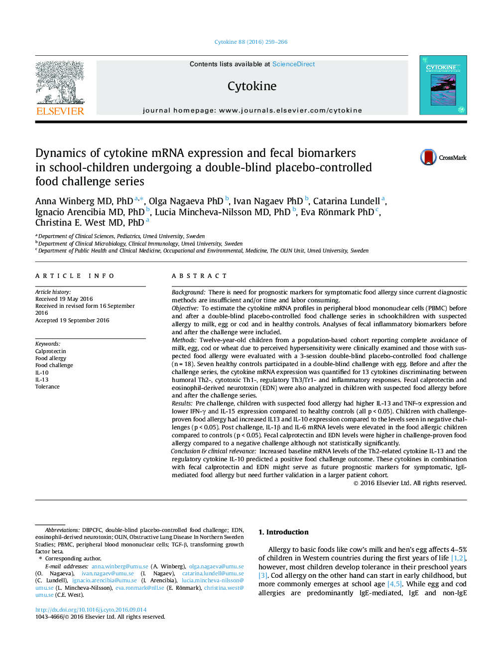 Dynamics of cytokine mRNA expression and fecal biomarkers in school-children undergoing a double-blind placebo-controlled food challenge series