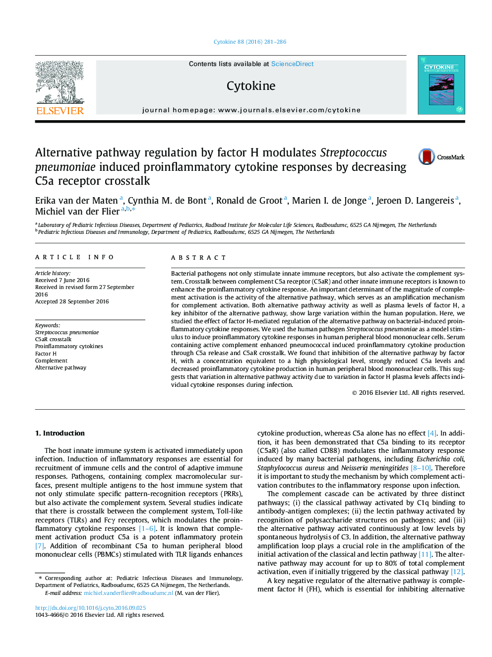 Alternative pathway regulation by factor H modulates Streptococcus pneumoniae induced proinflammatory cytokine responses by decreasing C5a receptor crosstalk