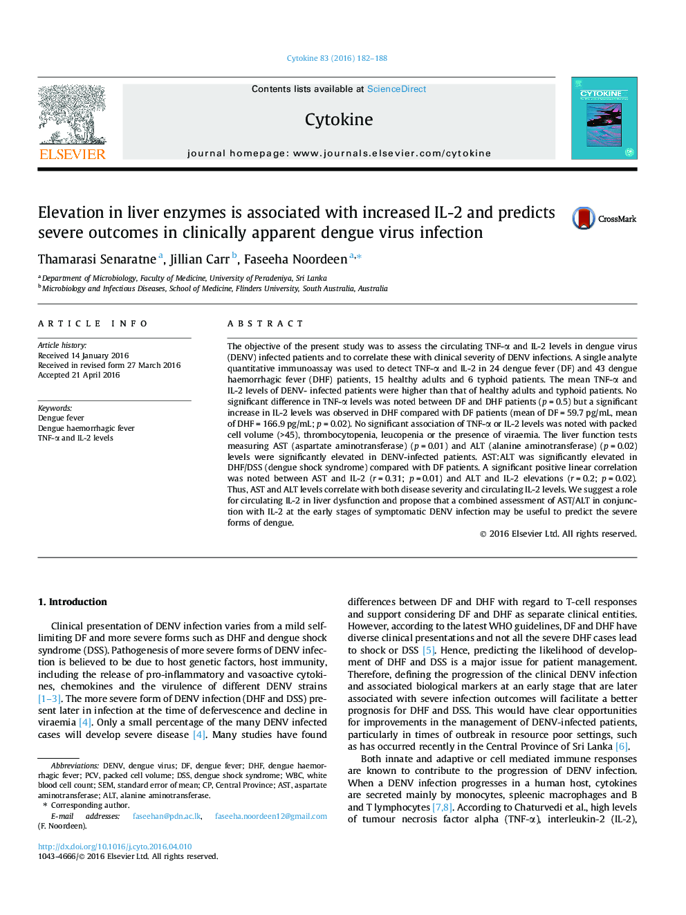 Elevation in liver enzymes is associated with increased IL-2 and predicts severe outcomes in clinically apparent dengue virus infection