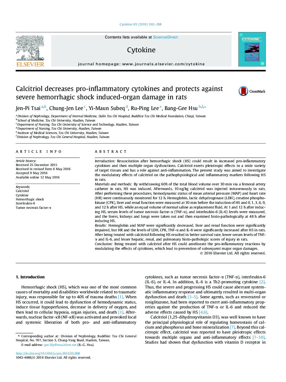 Calcitriol decreases pro-inflammatory cytokines and protects against severe hemorrhagic shock induced-organ damage in rats