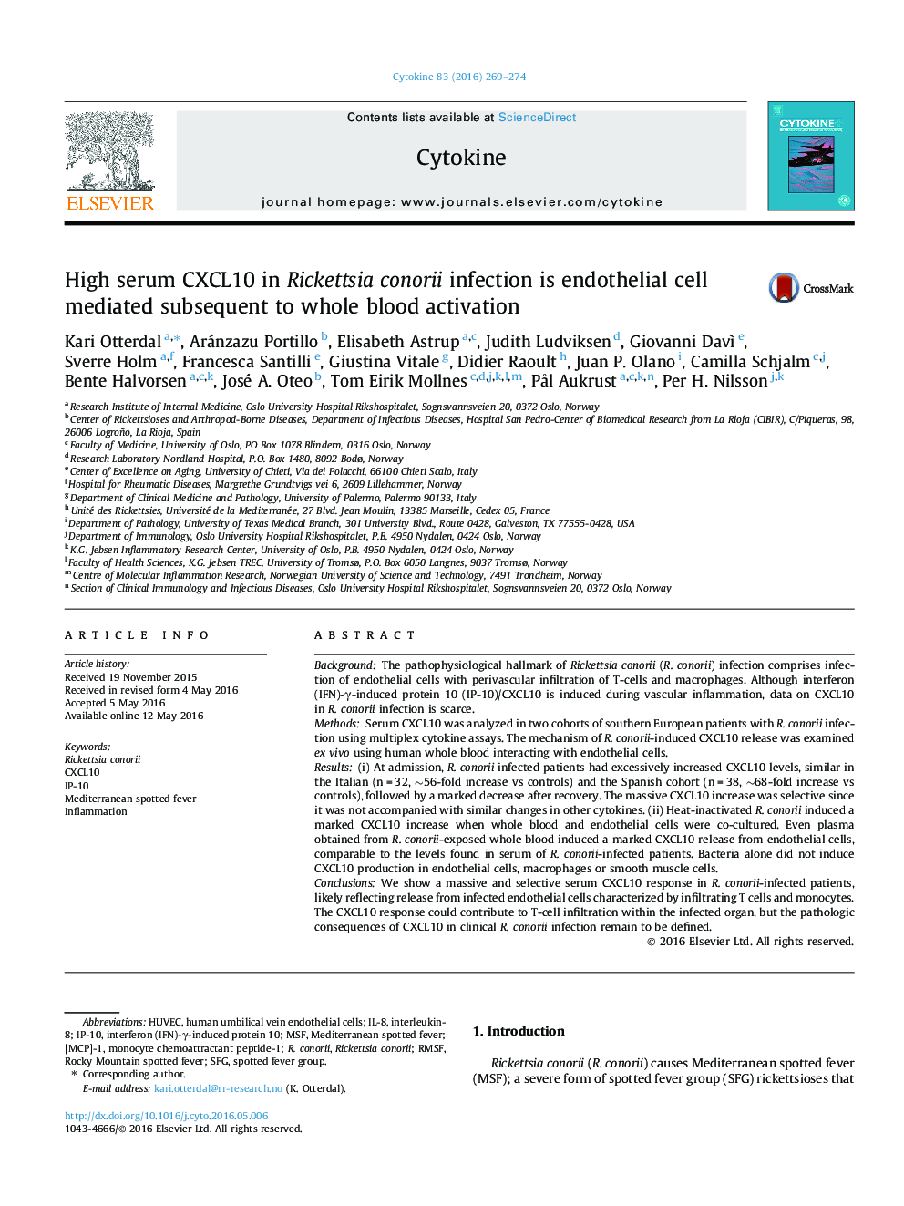 High serum CXCL10 in Rickettsia conorii infection is endothelial cell mediated subsequent to whole blood activation