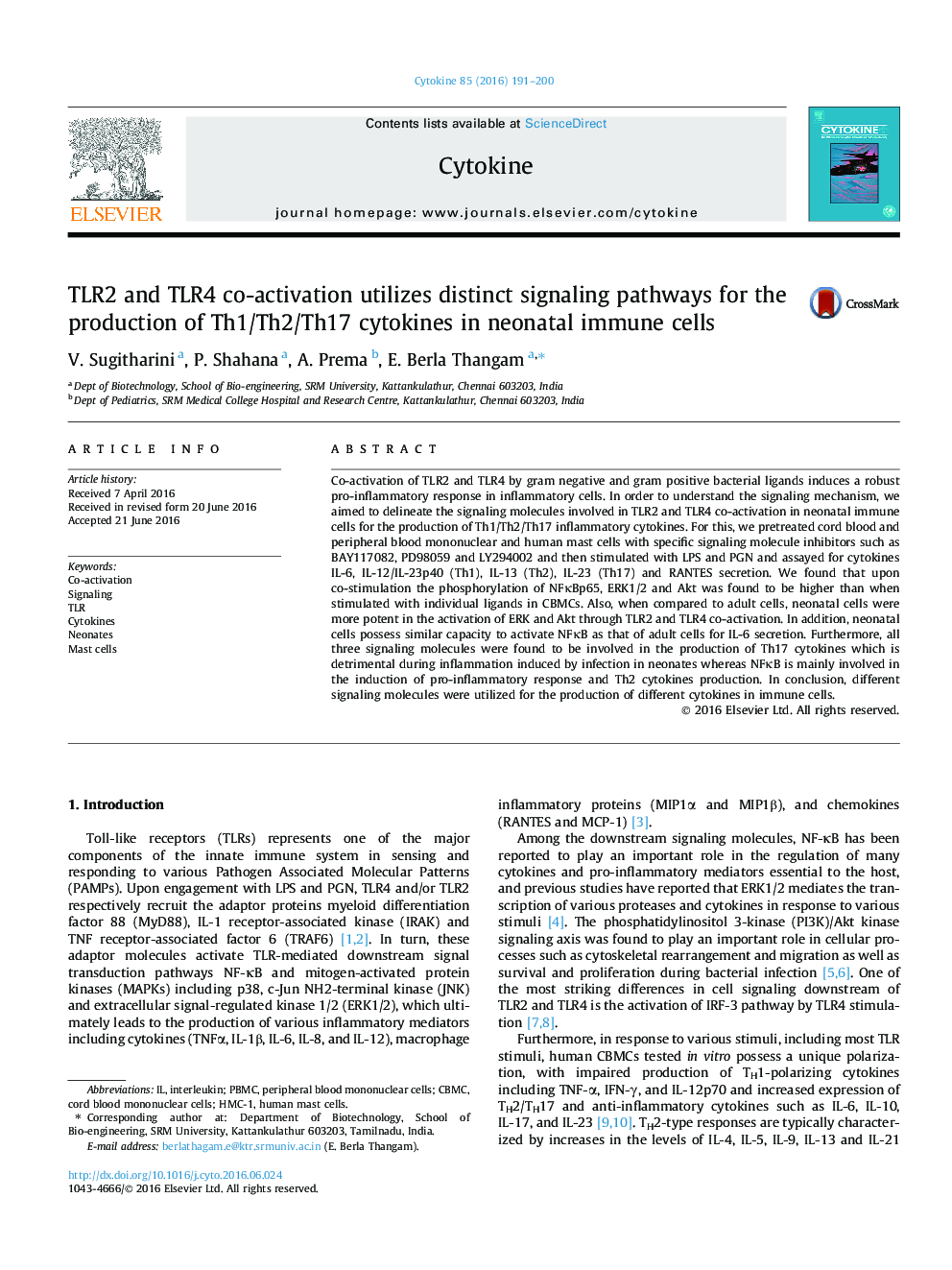 TLR2 and TLR4 co-activation utilizes distinct signaling pathways for the production of Th1/Th2/Th17 cytokines in neonatal immune cells