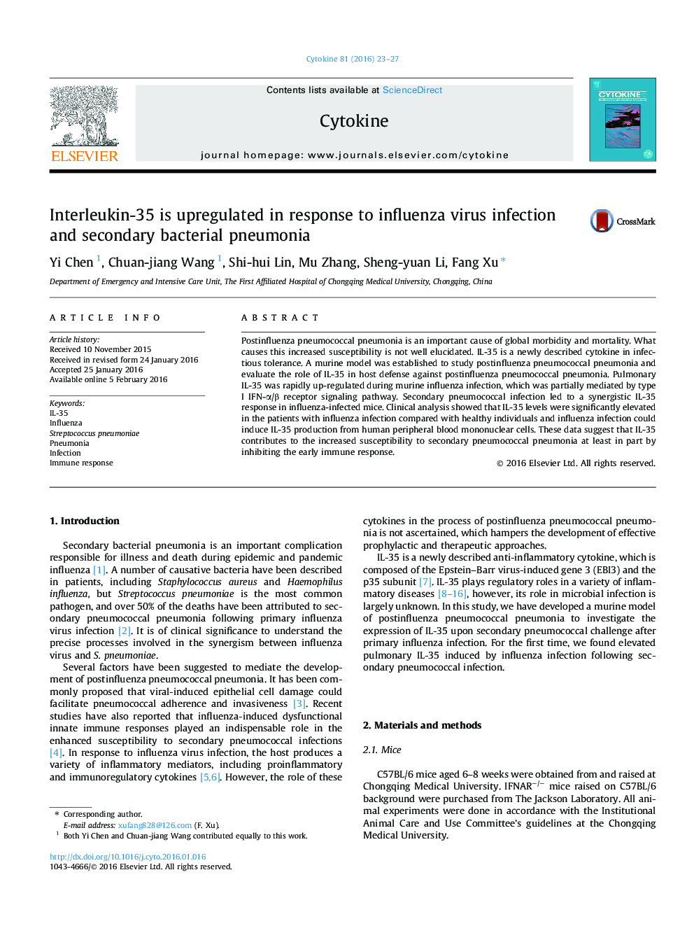 Interleukin-35 is upregulated in response to influenza virus infection and secondary bacterial pneumonia