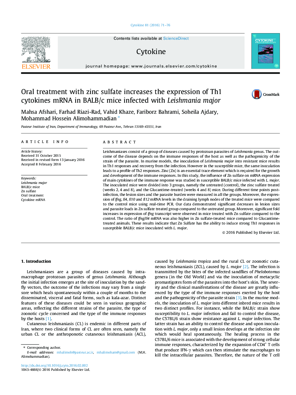 Oral treatment with zinc sulfate increases the expression of Th1 cytokines mRNA in BALB/c mice infected with Leishmania major