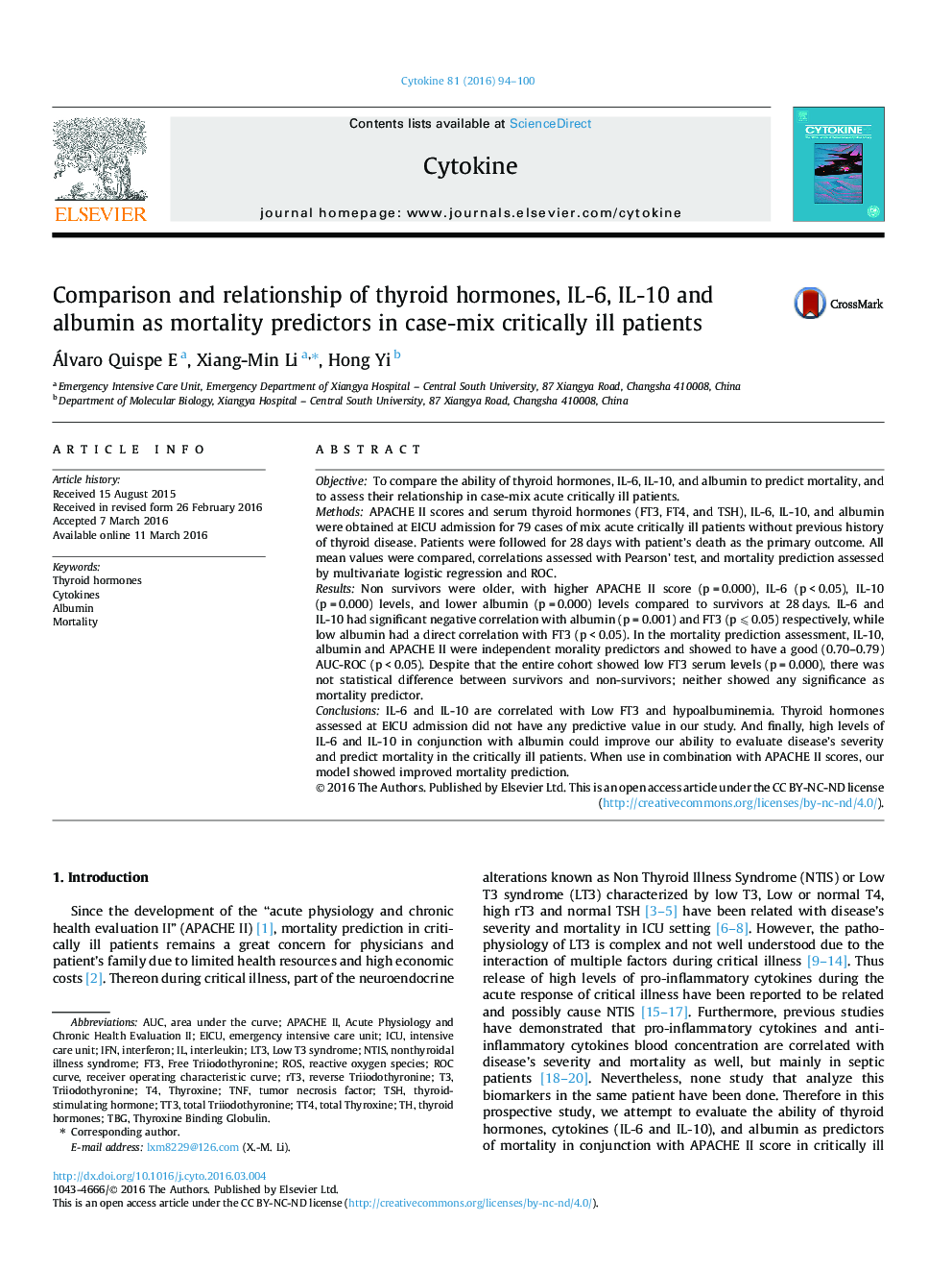 Comparison and relationship of thyroid hormones, IL-6, IL-10 and albumin as mortality predictors in case-mix critically ill patients