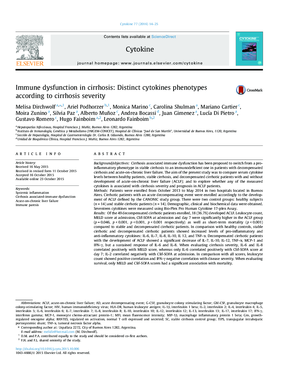 Immune dysfunction in cirrhosis: Distinct cytokines phenotypes according to cirrhosis severity