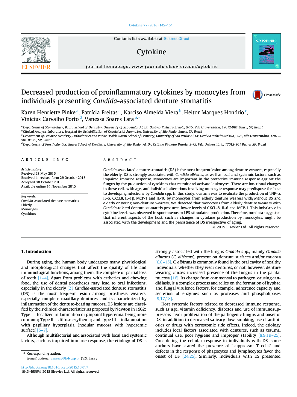 Decreased production of proinflammatory cytokines by monocytes from individuals presenting Candida-associated denture stomatitis