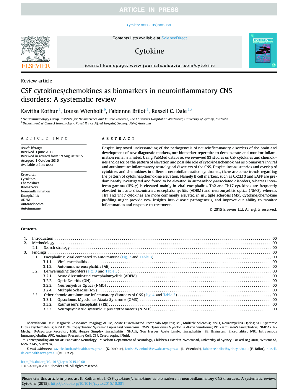 CSF cytokines/chemokines as biomarkers in neuroinflammatory CNS disorders: A systematic review