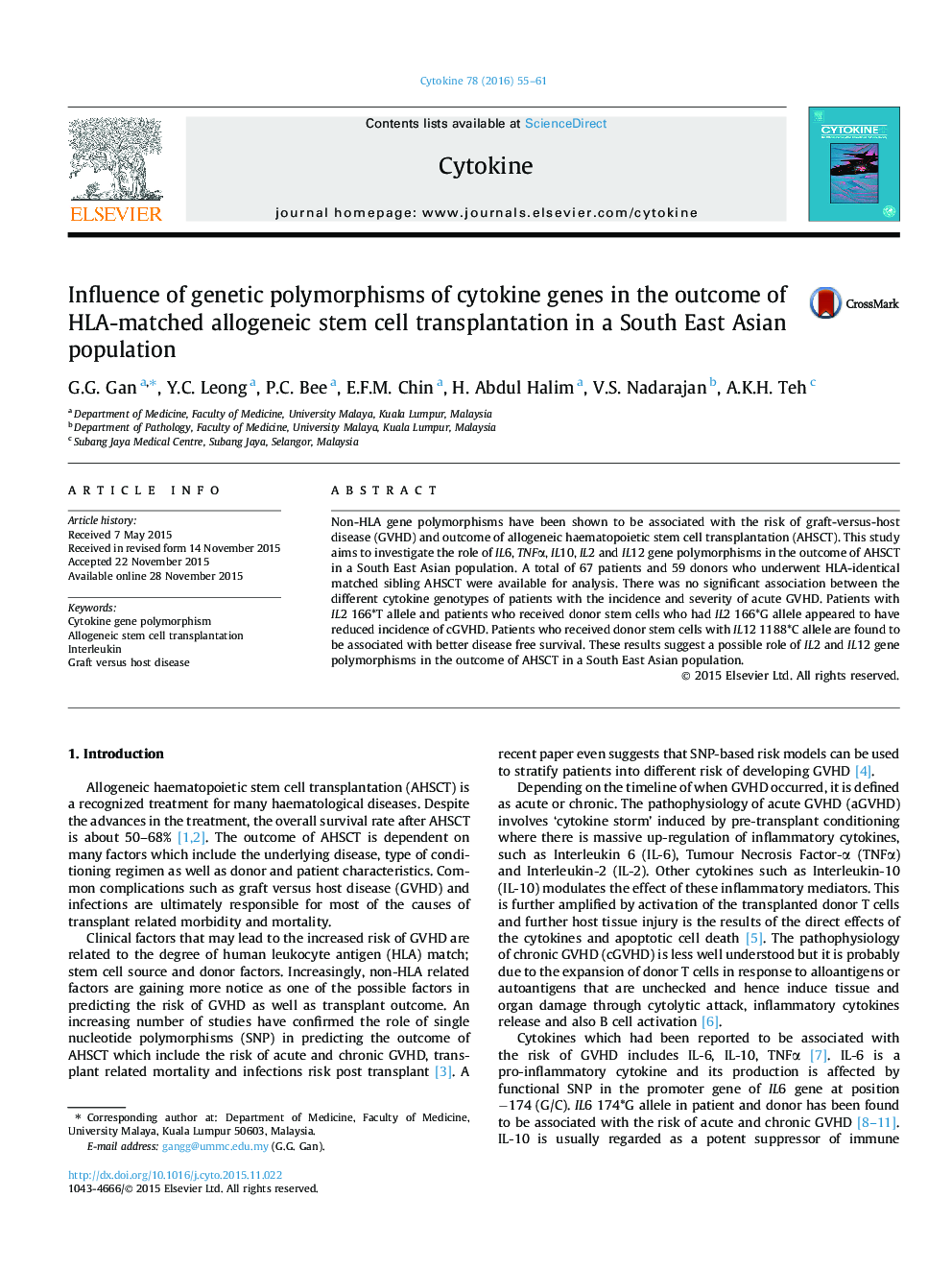 Influence of genetic polymorphisms of cytokine genes in the outcome of HLA-matched allogeneic stem cell transplantation in a South East Asian population