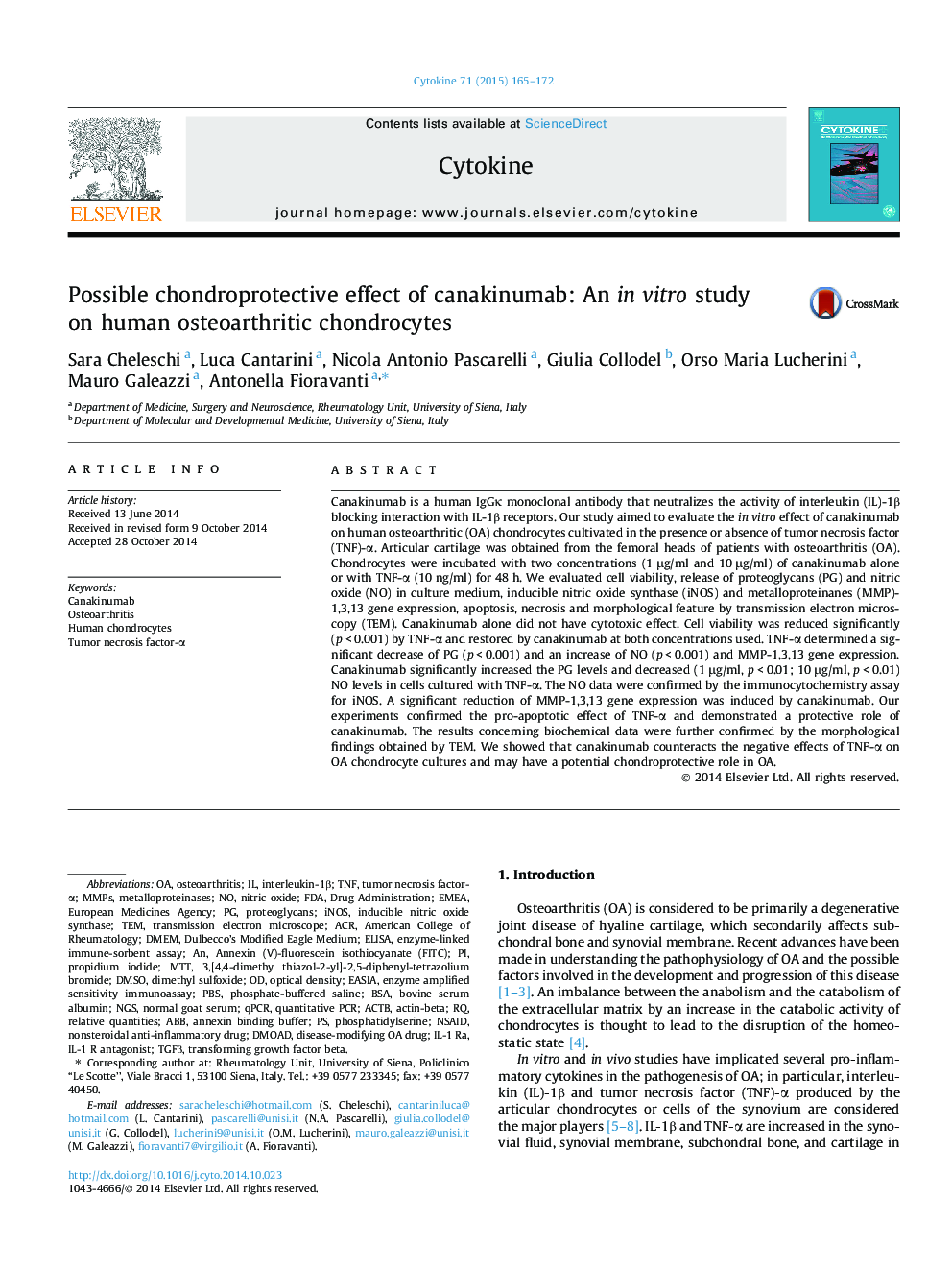 Possible chondroprotective effect of canakinumab: An in vitro study on human osteoarthritic chondrocytes