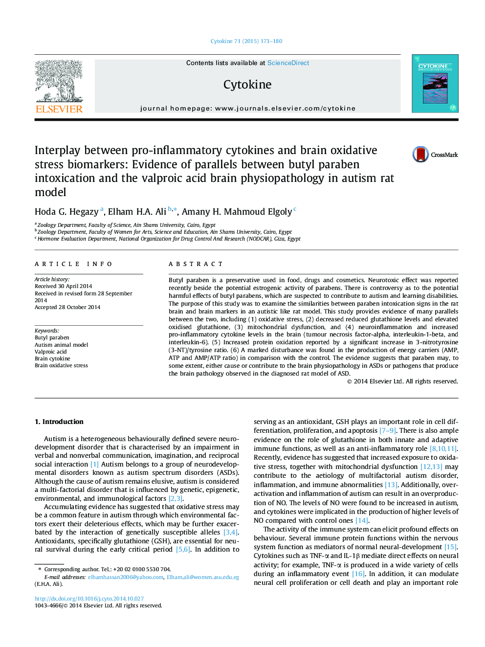 Interplay between pro-inflammatory cytokines and brain oxidative stress biomarkers: Evidence of parallels between butyl paraben intoxication and the valproic acid brain physiopathology in autism rat model