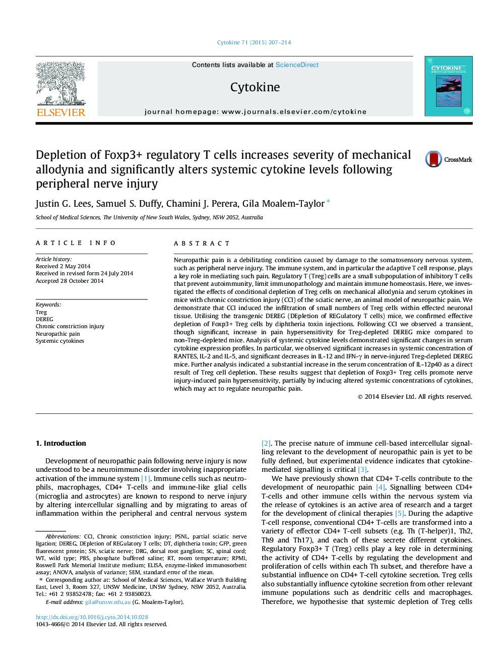 Depletion of Foxp3+ regulatory T cells increases severity of mechanical allodynia and significantly alters systemic cytokine levels following peripheral nerve injury