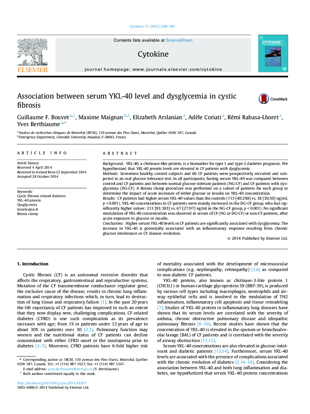 Association between serum YKL-40 level and dysglycemia in cystic fibrosis