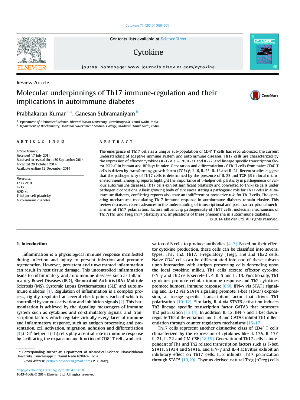 Molecular underpinnings of Th17 immune-regulation and their implications in autoimmune diabetes