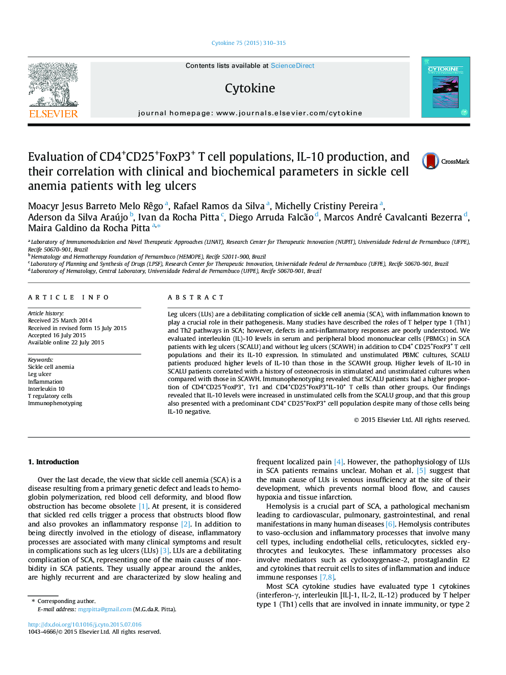 Evaluation of CD4+CD25+FoxP3+ T cell populations, IL-10 production, and their correlation with clinical and biochemical parameters in sickle cell anemia patients with leg ulcers