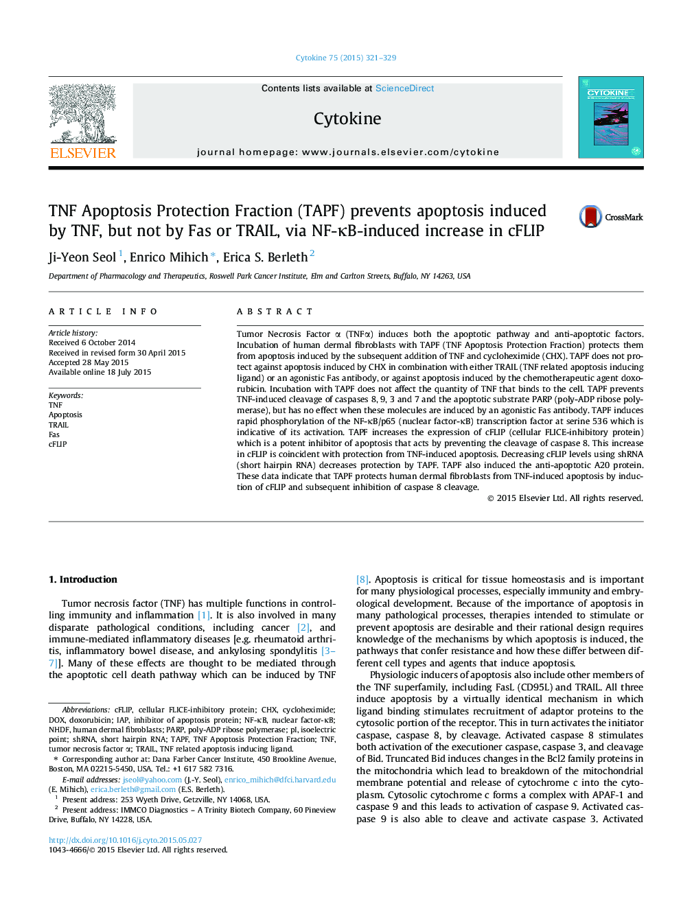 TNF Apoptosis Protection Fraction (TAPF) prevents apoptosis induced by TNF, but not by Fas or TRAIL, via NF-ÎºB-induced increase in cFLIP