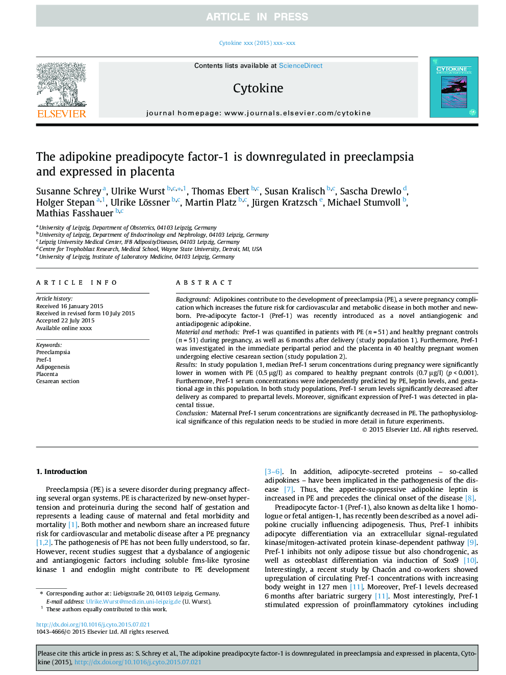 The adipokine preadipocyte factor-1 is downregulated in preeclampsia and expressed in placenta