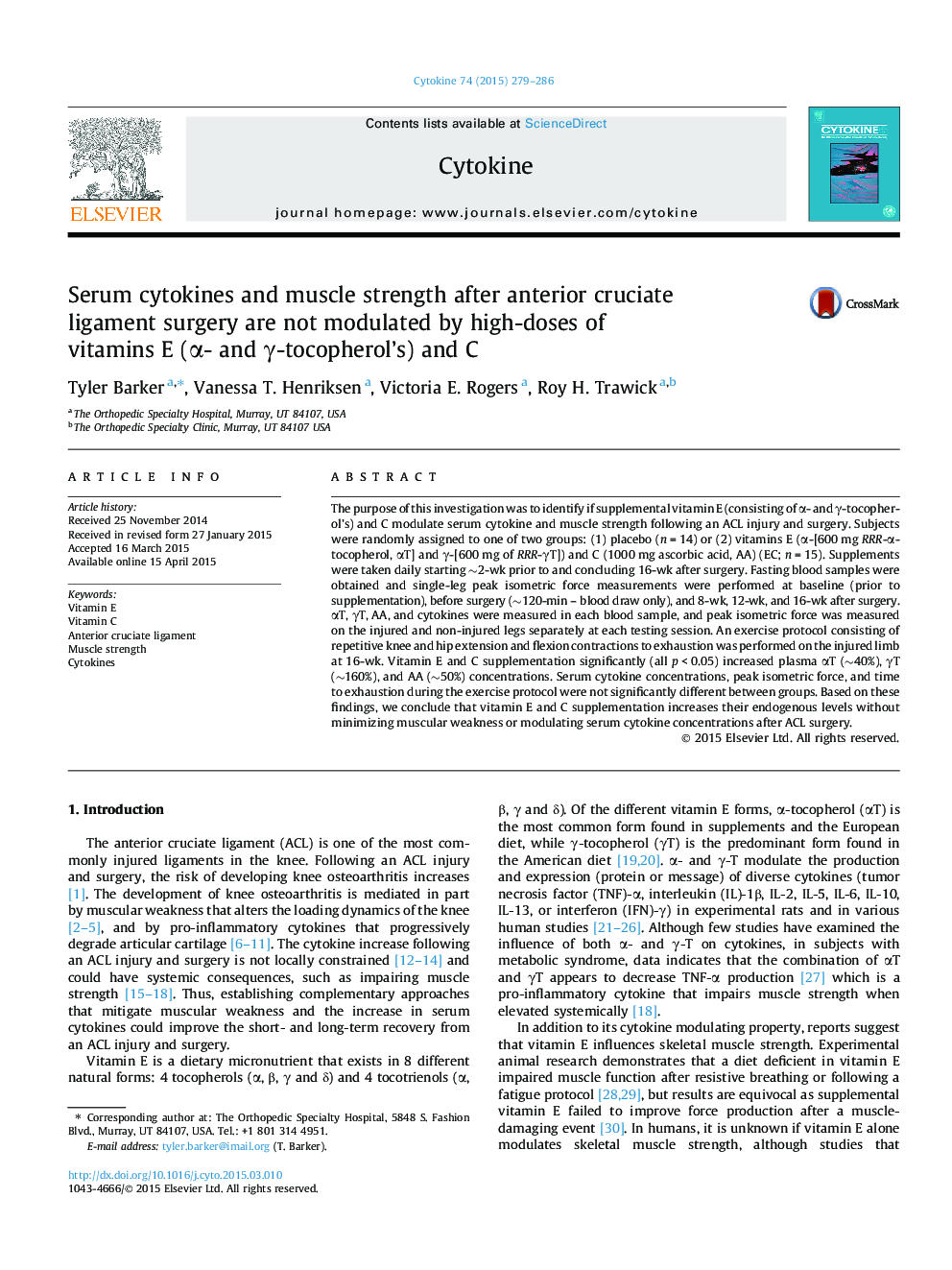 Serum cytokines and muscle strength after anterior cruciate ligament surgery are not modulated by high-doses of vitamins E (Î±- and Î³-tocopherol's) and C