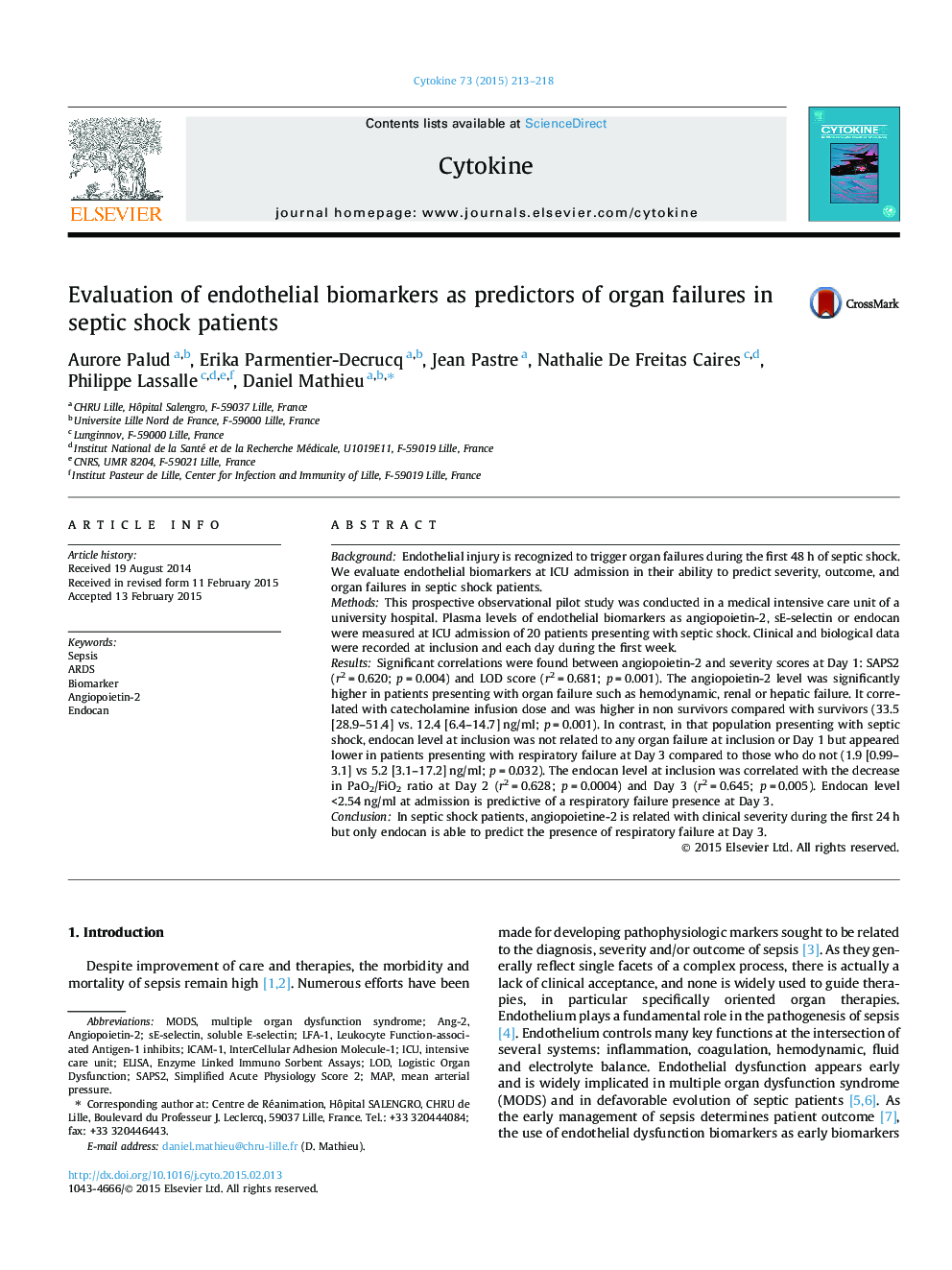 Evaluation of endothelial biomarkers as predictors of organ failures in septic shock patients