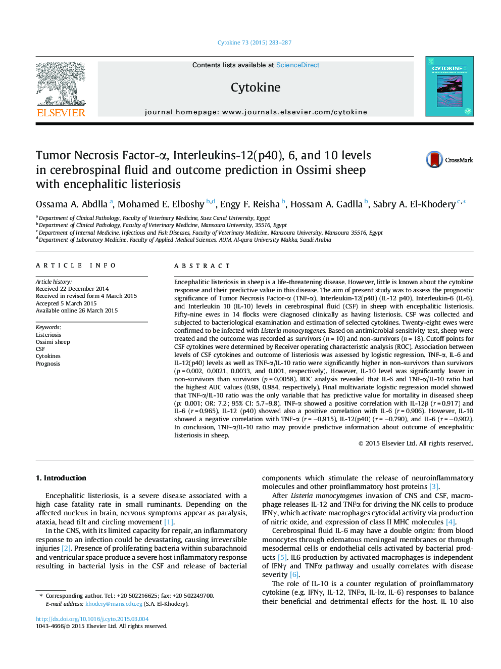 Tumor Necrosis Factor-Î±, Interleukins-12(p40), 6, and 10 levels in cerebrospinal fluid and outcome prediction in Ossimi sheep with encephalitic listeriosis