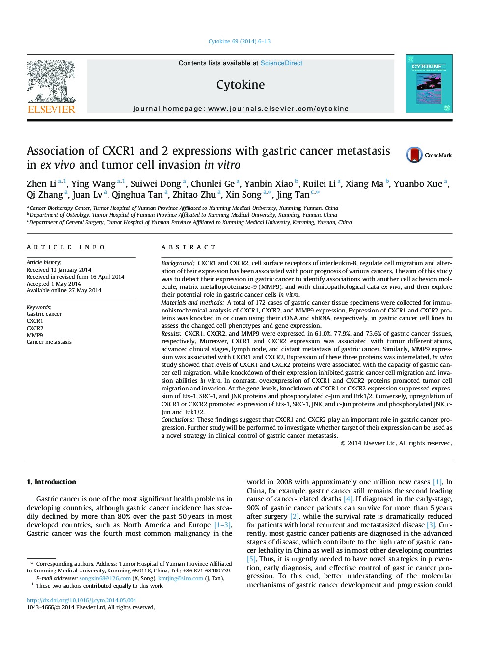 Association of CXCR1 and 2 expressions with gastric cancer metastasis in ex vivo and tumor cell invasion in vitro