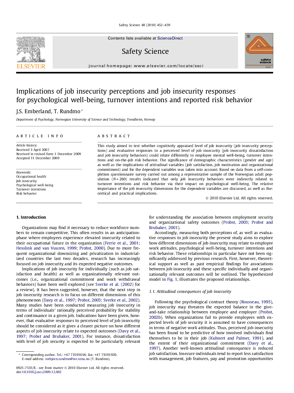 Implications of job insecurity perceptions and job insecurity responses for psychological well-being, turnover intentions and reported risk behavior