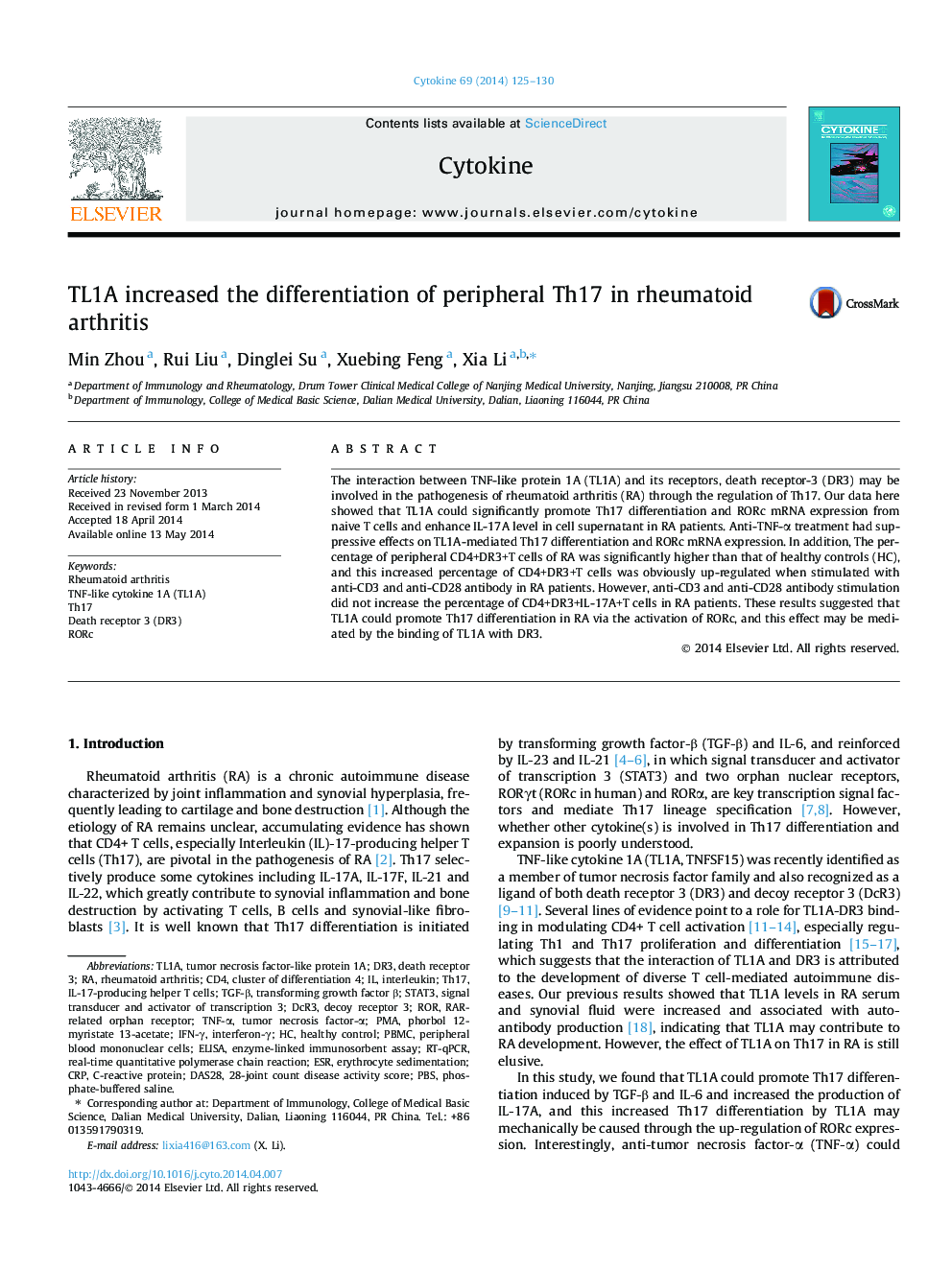 TL1A increased the differentiation of peripheral Th17 in rheumatoid arthritis