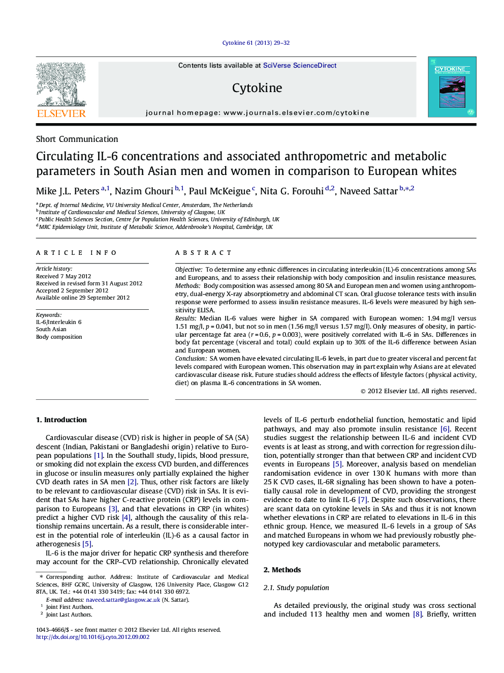 Circulating IL-6 concentrations and associated anthropometric and metabolic parameters in South Asian men and women in comparison to European whites