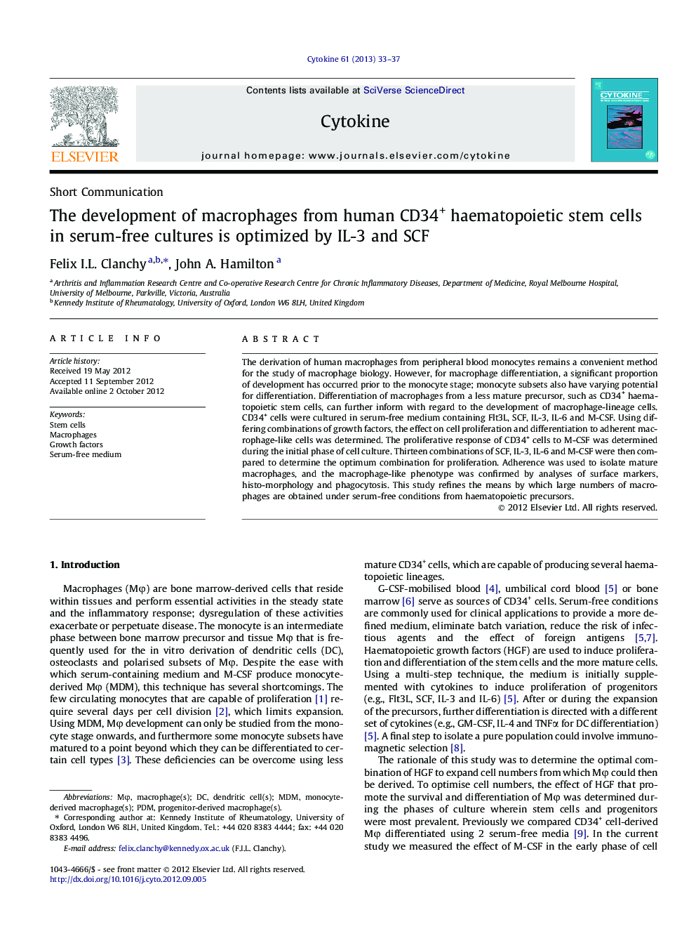 The development of macrophages from human CD34+ haematopoietic stem cells in serum-free cultures is optimized by IL-3 and SCF