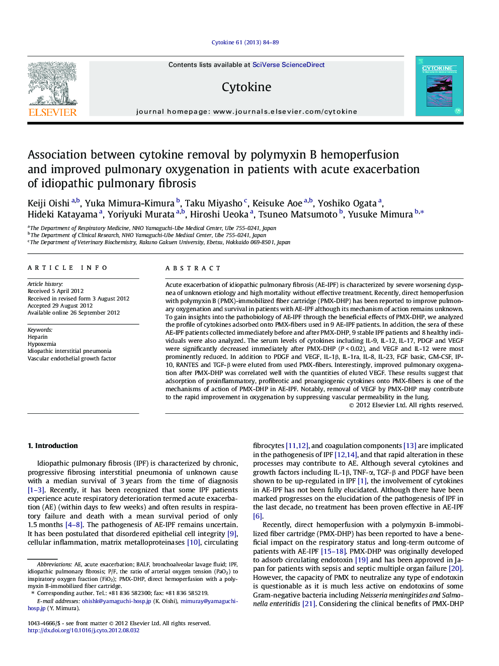 Association between cytokine removal by polymyxin B hemoperfusion and improved pulmonary oxygenation in patients with acute exacerbation of idiopathic pulmonary fibrosis