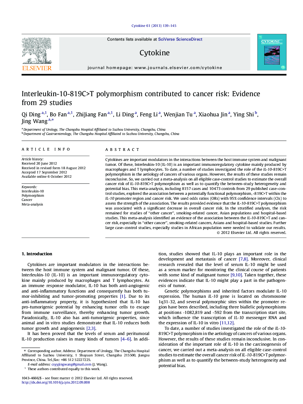Interleukin-10-819C>T polymorphism contributed to cancer risk: Evidence from 29 studies