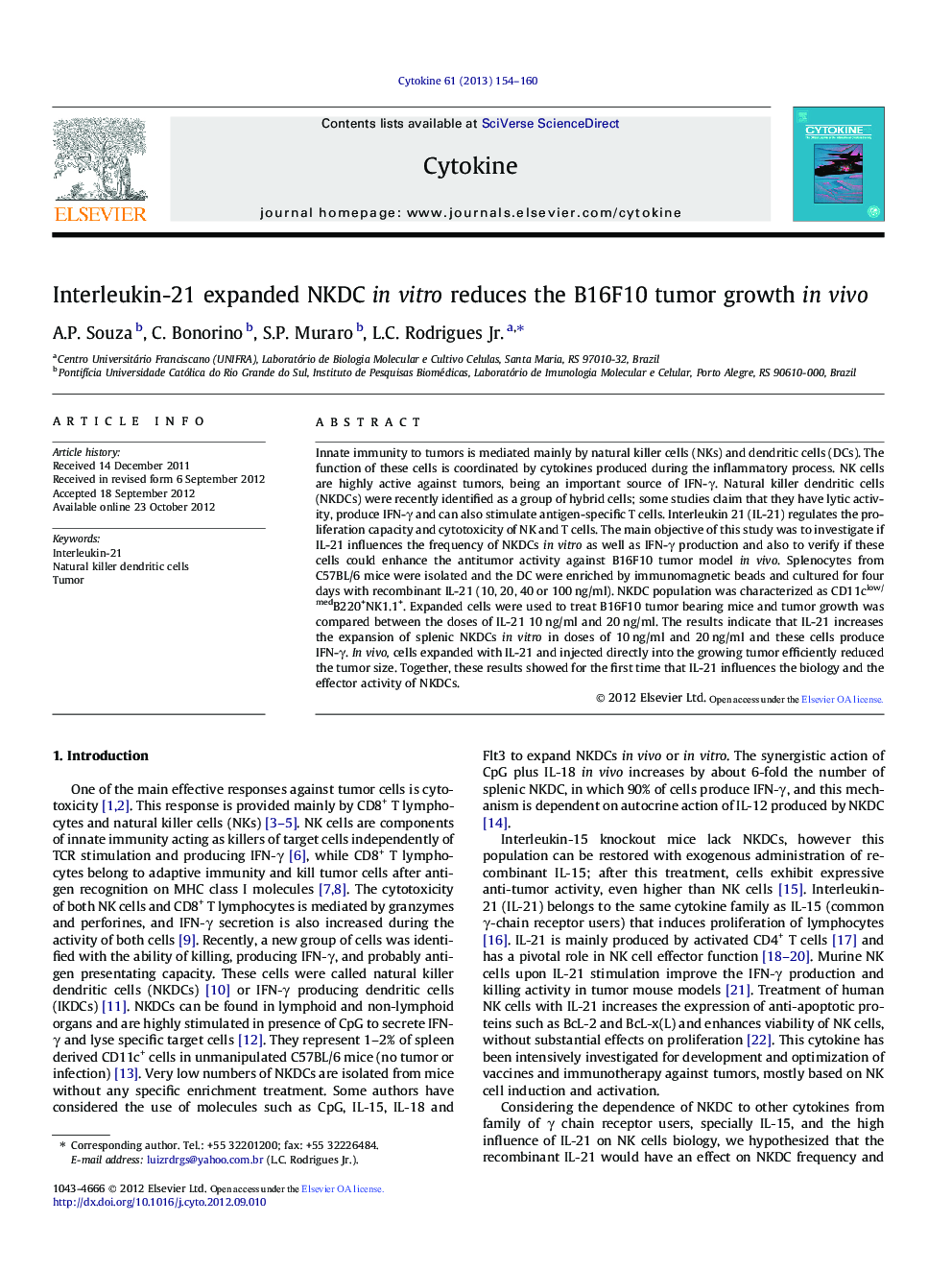 Interleukin-21 expanded NKDC in vitro reduces the B16F10 tumor growth in vivo