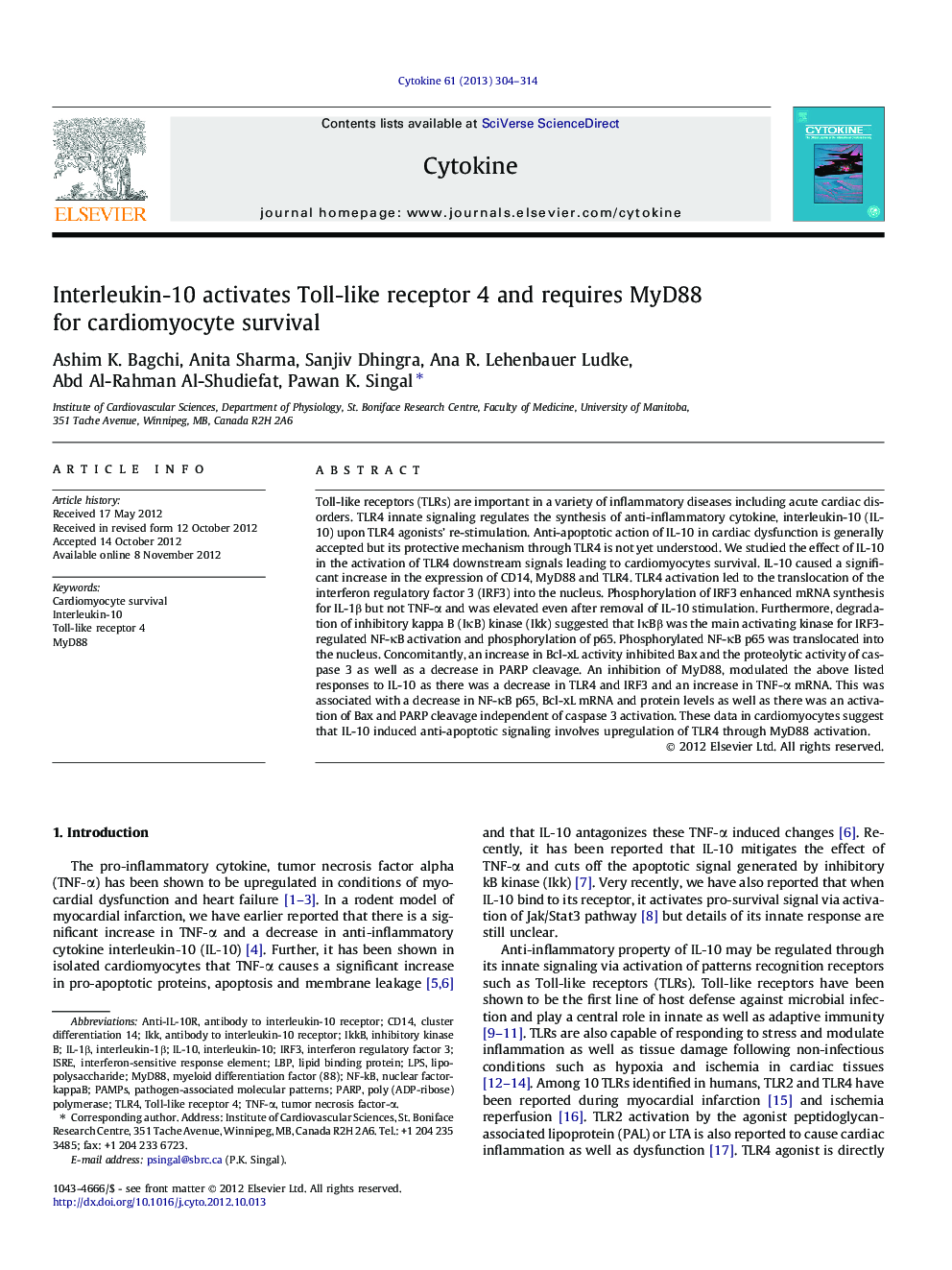 Interleukin-10 activates Toll-like receptor 4 and requires MyD88 for cardiomyocyte survival