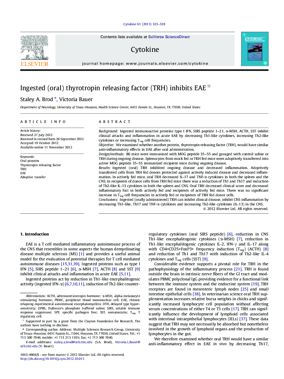 Ingested (oral) thyrotropin releasing factor (TRH) inhibits EAE