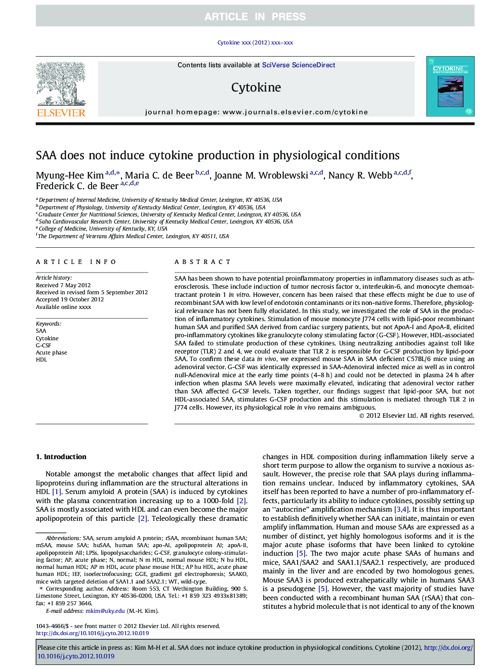 SAA does not induce cytokine production in physiological conditions