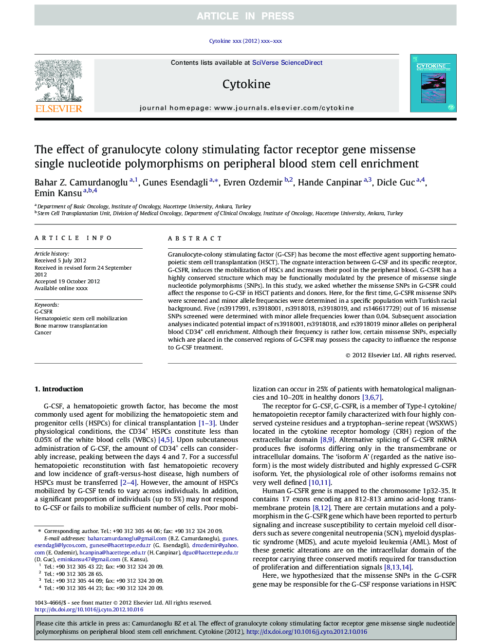 The effect of granulocyte colony stimulating factor receptor gene missense single nucleotide polymorphisms on peripheral blood stem cell enrichment