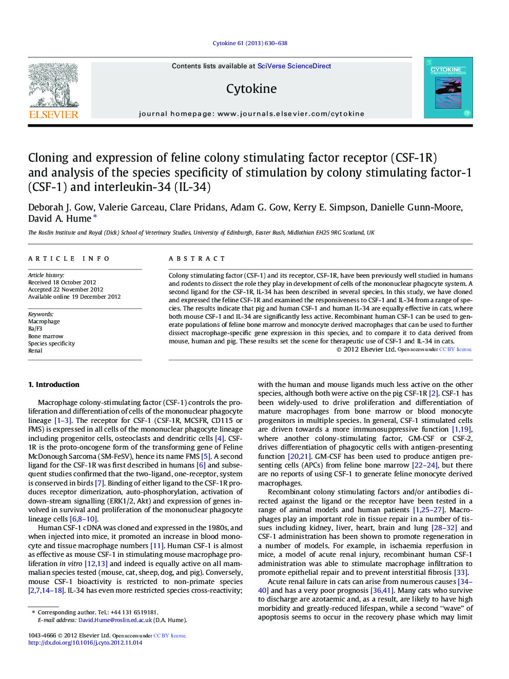 Cloning and expression of feline colony stimulating factor receptor (CSF-1R) and analysis of the species specificity of stimulation by colony stimulating factor-1 (CSF-1) and interleukin-34 (IL-34)