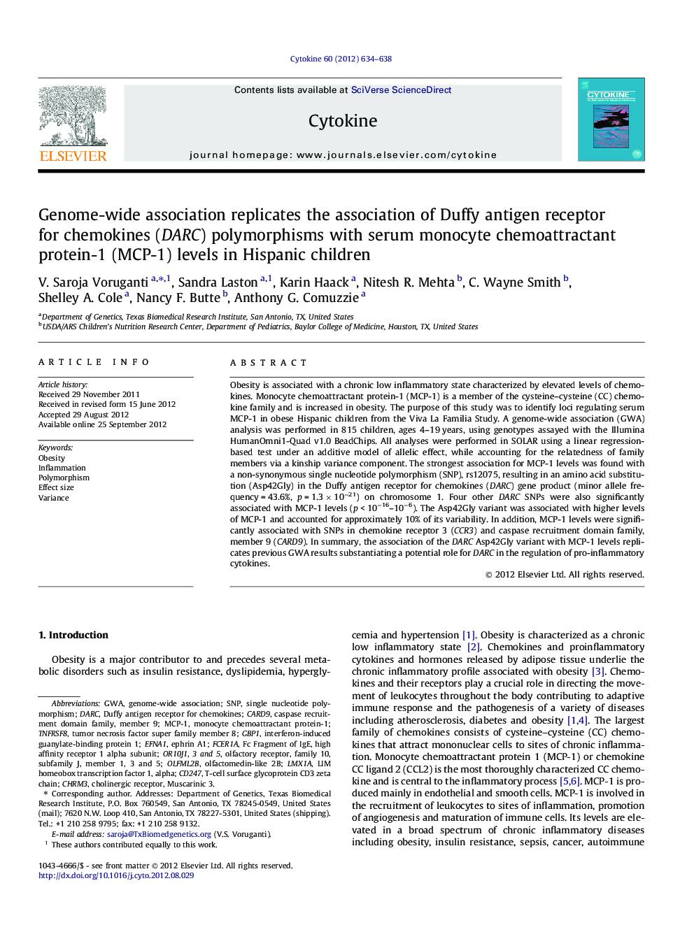 Genome-wide association replicates the association of Duffy antigen receptor for chemokines (DARC) polymorphisms with serum monocyte chemoattractant protein-1 (MCP-1) levels in Hispanic children