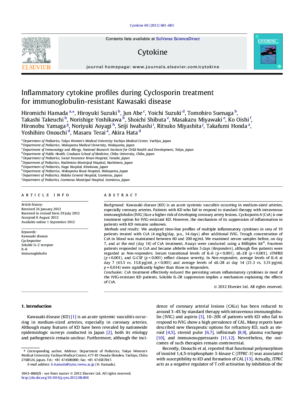 Inflammatory cytokine profiles during Cyclosporin treatment for immunoglobulin-resistant Kawasaki disease