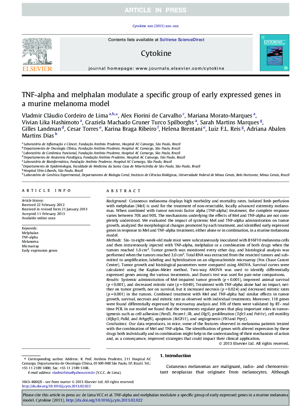 TNF-alpha and melphalan modulate a specific group of early expressed genes in a murine melanoma model