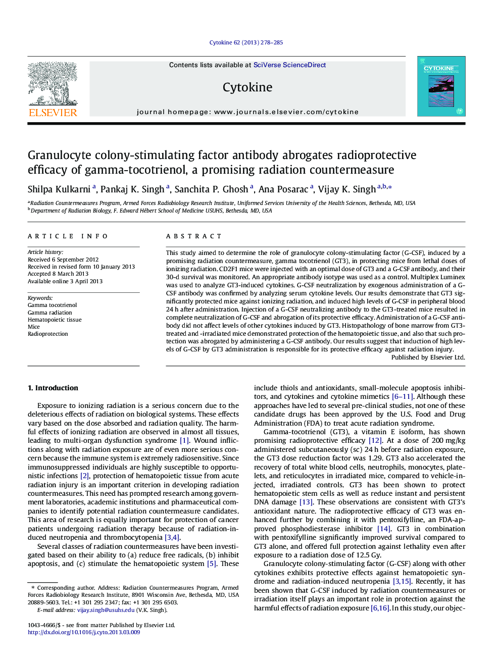 Granulocyte colony-stimulating factor antibody abrogates radioprotective efficacy of gamma-tocotrienol, a promising radiation countermeasure