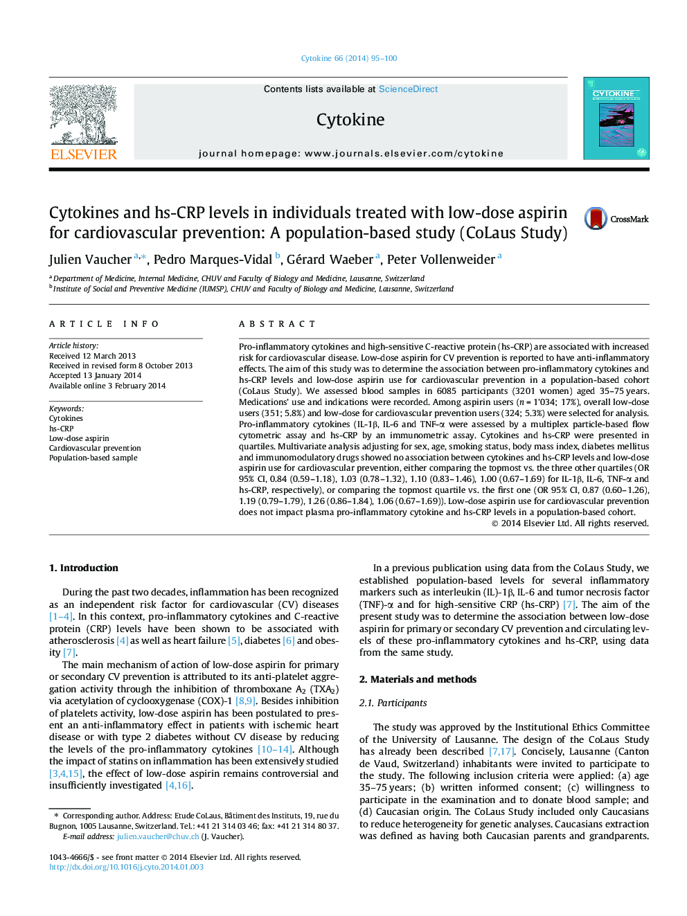 Cytokines and hs-CRP levels in individuals treated with low-dose aspirin for cardiovascular prevention: A population-based study (CoLaus Study)