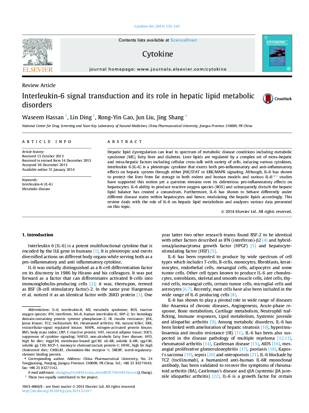 Interleukin-6 signal transduction and its role in hepatic lipid metabolic disorders