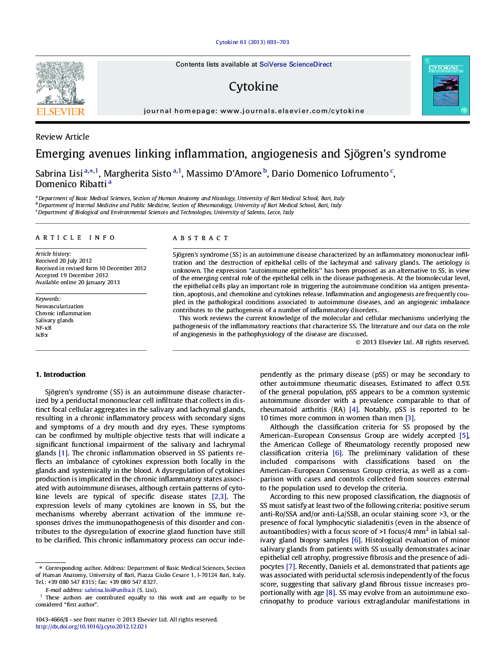 Emerging avenues linking inflammation, angiogenesis and Sjögren's syndrome