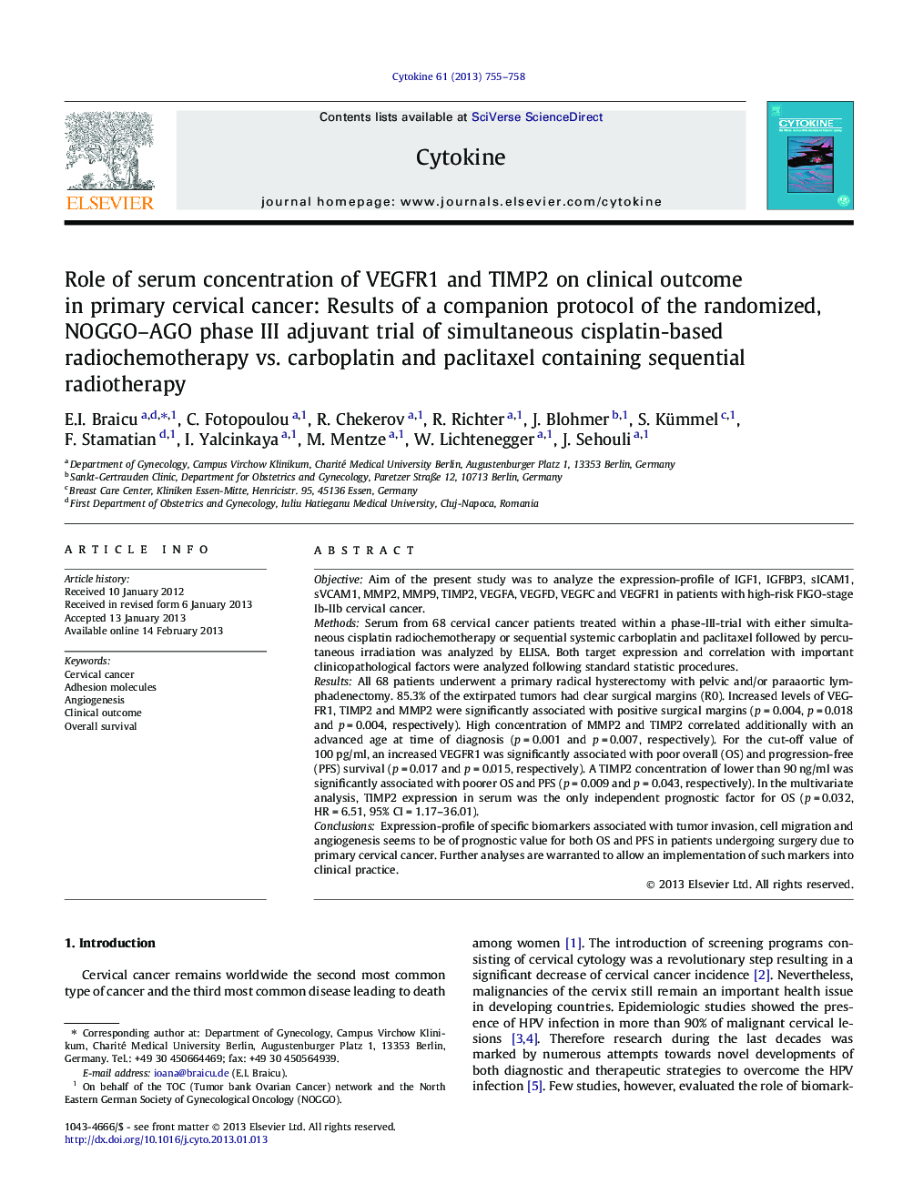 Role of serum concentration of VEGFR1 and TIMP2 on clinical outcome in primary cervical cancer: Results of a companion protocol of the randomized, NOGGO-AGO phase III adjuvant trial of simultaneous cisplatin-based radiochemotherapy vs. carboplatin and pac