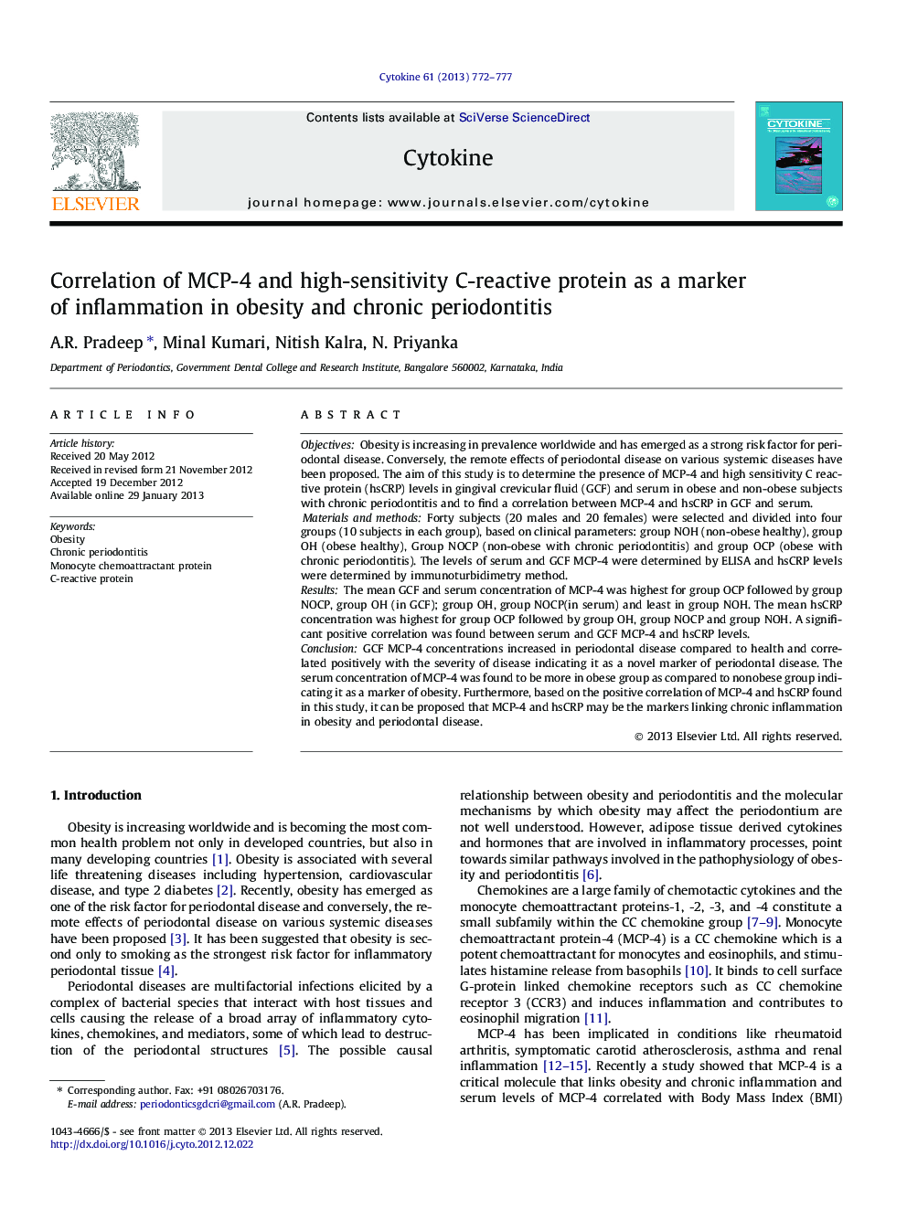 Correlation of MCP-4 and high-sensitivity C-reactive protein as a marker of inflammation in obesity and chronic periodontitis