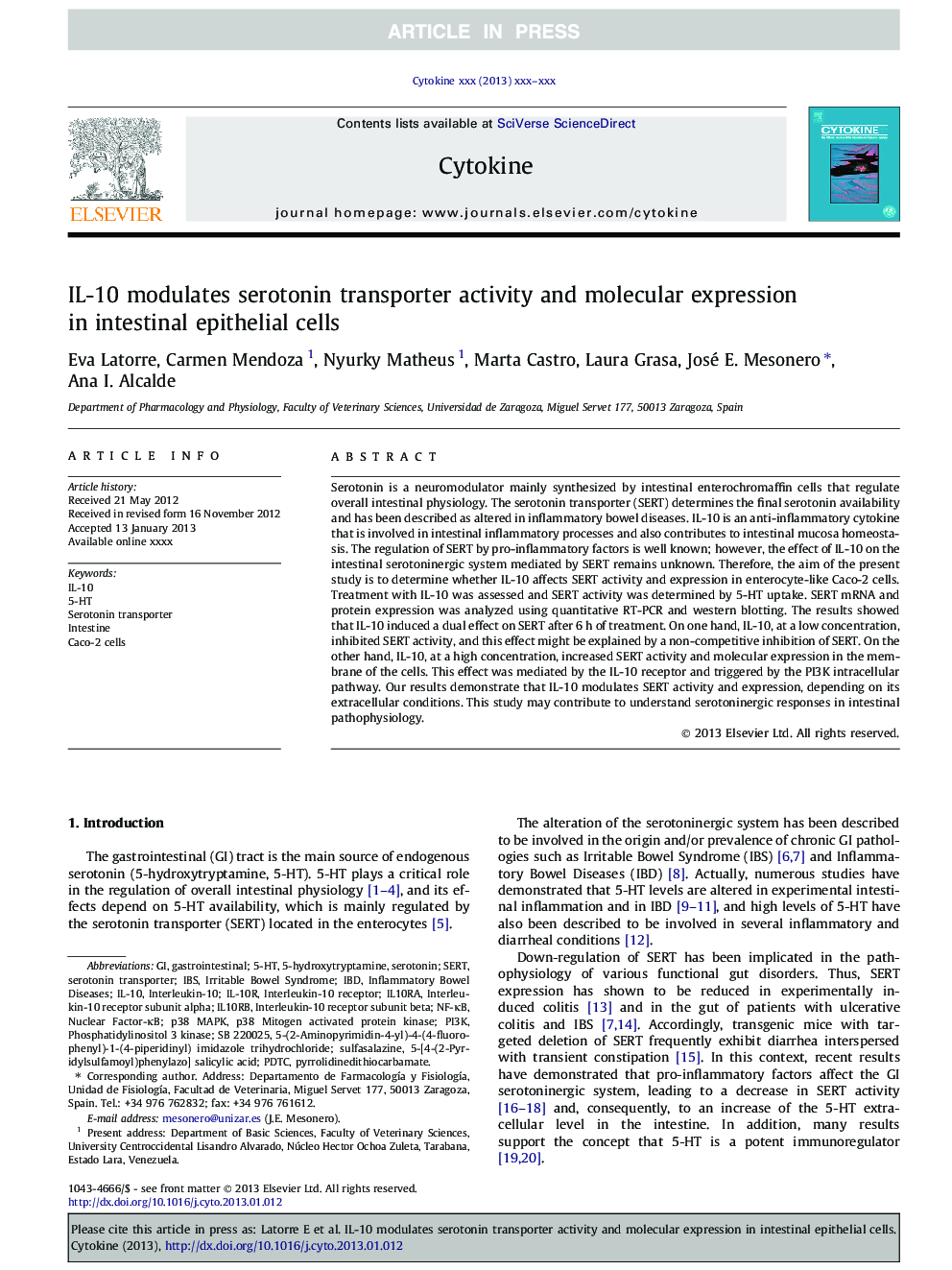 IL-10 modulates serotonin transporter activity and molecular expression in intestinal epithelial cells