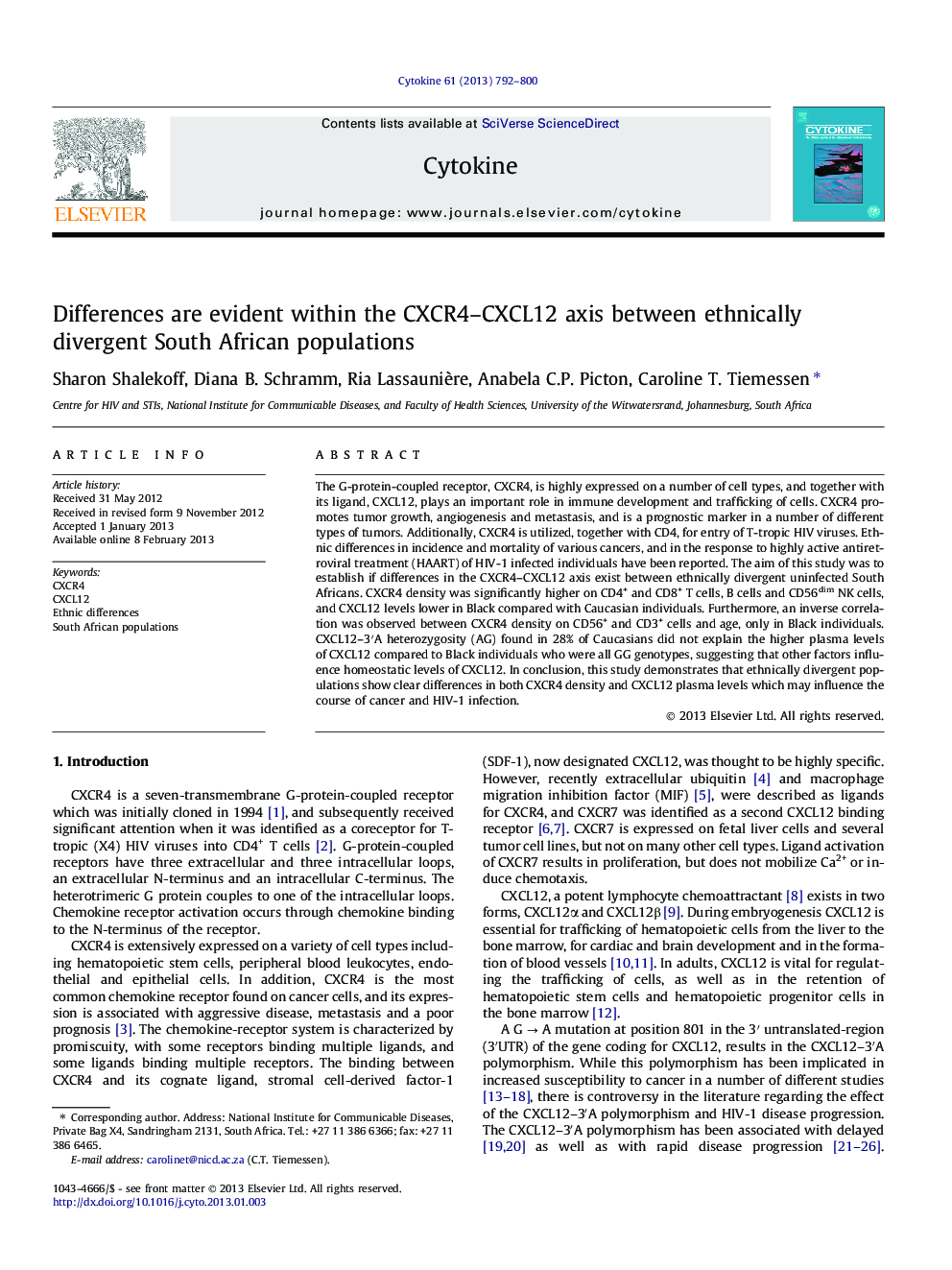 Differences are evident within the CXCR4-CXCL12 axis between ethnically divergent South African populations