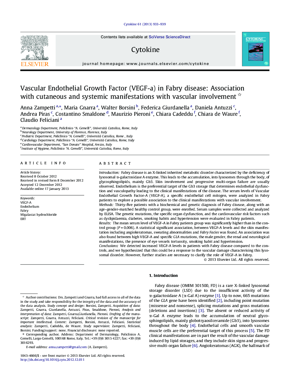 Vascular Endothelial Growth Factor (VEGF-a) in Fabry disease: Association with cutaneous and systemic manifestations with vascular involvement